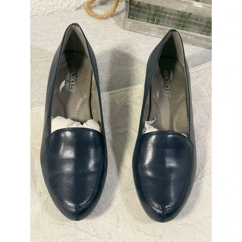 Aerosoles Lovely Dark Blue‎ Leather Wedge Pumps Navy Loafers Womens 8M Heel Rest